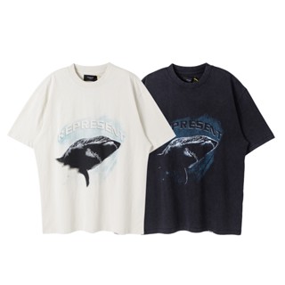 เสื้อยืดแขนสั้นลําลอง ผ้าฝ้าย พิมพ์ลายปลาฉลาม สีขาว ขนาดใหญ่ แฟชั่นคู่รัก สไตล์คลาสสิก สําหรับผู้ชาย และผู้หญิง