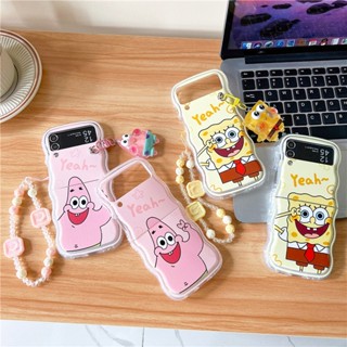 เคสโทรศัพท์มือถือแบบนิ่ม กันกระแทก ลายการ์ตูน SpongeBob Patrick พร้อมสายโซ่คล้อง ขาตั้ง สําหรับ Samsung Galaxy Z Flip 4 5G Z Flip 3 Flip 5