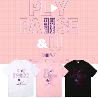 อ่อนนุ่ม 6 คอลูกเรือเสื้อยืดคอกลม∏₪Kpop IU T-shirt PLAY PAUSE AND U Concert Tshirt Unisex Cal Crew Neck Tee Newผ้าฝ้ายแท