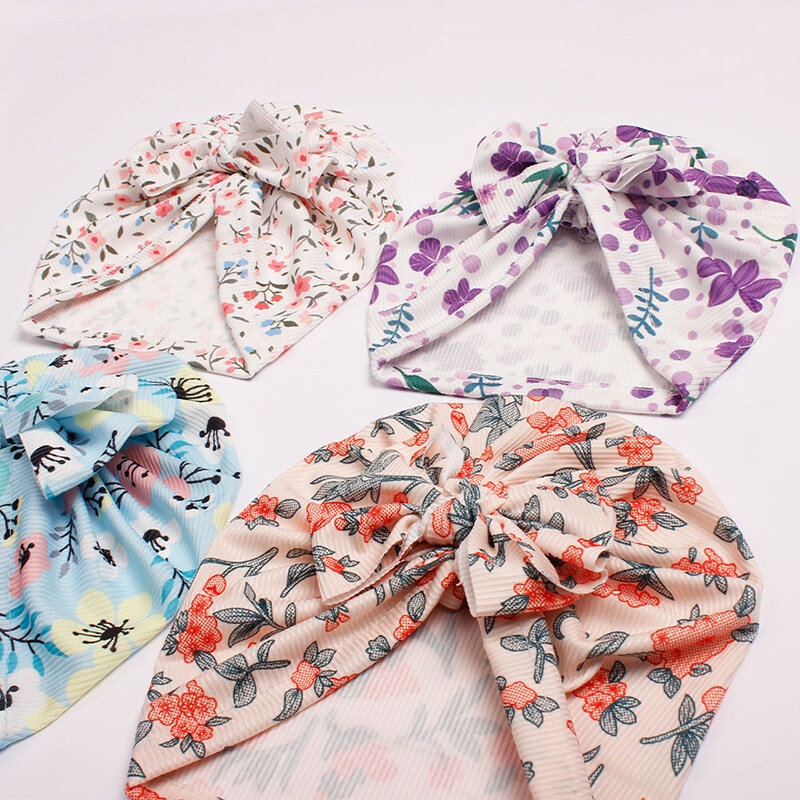 หมวกผ้าโพกหัว ผ้ายืด แบบนิ่ม พิมพ์ลายดอกไม้ ประดับโบว์ ขนาดใหญ่ สําหรับเด็กทารก อายุ 0-2 ปี - รูปที่ 2