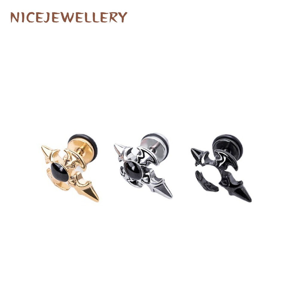 1 PC ผ่าตัดเหล็กสตั๊ดต่างหูคริสตัลหู Studs Punk สีดํา Earlobe Helix เจาะ