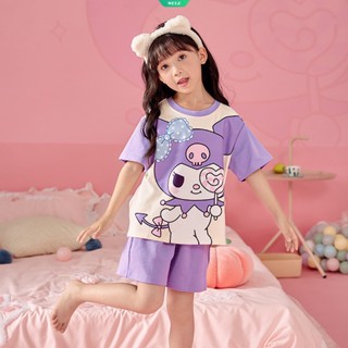 Kawaii ใหม่ Sanrio Kuromi ชุดนอน เสื้อแขนสั้น กางเกงขาสั้น ผ้าฝ้าย ลายอนิเมะ Cinnamoroll Mymelody Hello Kitty แฟชั่นฤดูร้อน สําหรับเด็กผู้หญิง