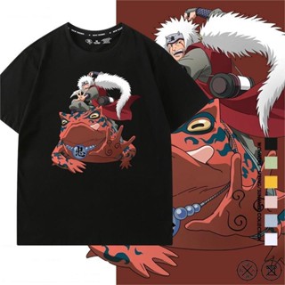 สีดำ Anime Naruto Jiraiya เสื้อยืดแขนสั้นคู่ผ้าฝ้ายสําหรับผู้ชาย 2 มิติ ฤดูร้อน ใหม่