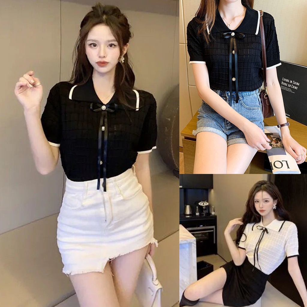 mimi&didi#เสื้อไหมพรมถัก โปโล แขนสั้น บาง กระดุมมุก งานสวย สไตล์ชาแนล ถักลายในตัวแต่งโบว์ ผ้านิ่มใส่สบายมาก#F855