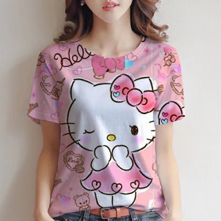 ใหม่ เสื้อยืดคอกลม พิมพ์ลายกราฟฟิค Hello Kitty ทรงหลวม สําหรับผู้หญิง