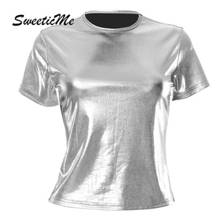 Sweeticme ใหม่ เสื้อยืดลําลอง แขนสั้น คอกลม สีพื้น แวววาว แฟชั่นสําหรับสตรี 2023