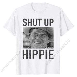 เสื้อยืด ผ้าฝ้าย แขนสั้น พิมพ์ลาย Shut Up Hippie Ronald Reagan ขนาดใหญ่ สําหรับผู้ชาย ไซซ์ 4XL 5XL 6XL