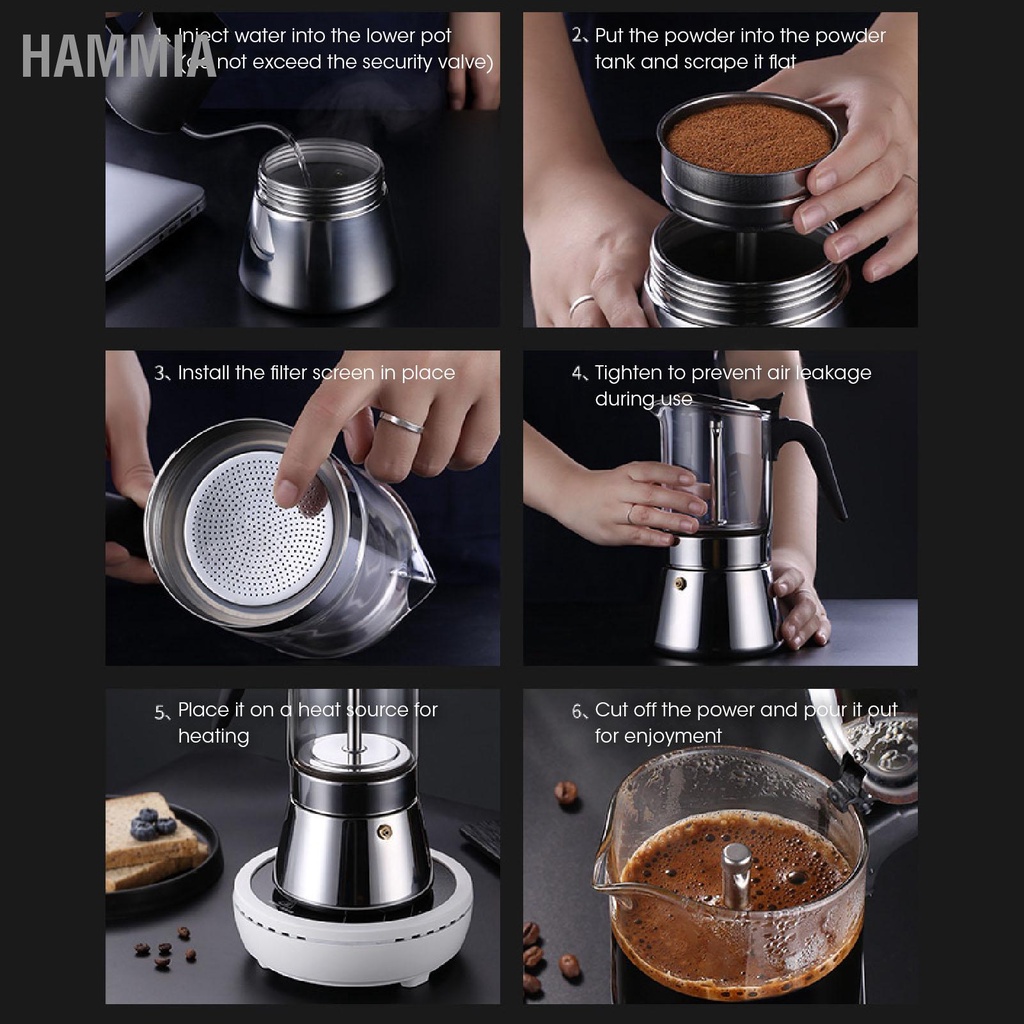 HAMMIA กาแฟ Moka Pot Visible Body Greca เครื่องชงกาแฟสแตนเลสเตาด้านบนเครื่องชงกาแฟ สำหรับร้านกาแฟบ้านสำนักงาน