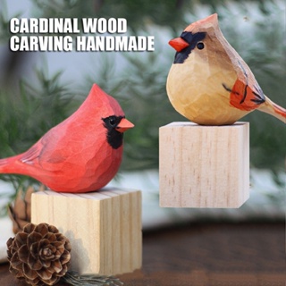 New Cardinal Wood Carving Handmade Red Bird Cardinal Decoration with base
