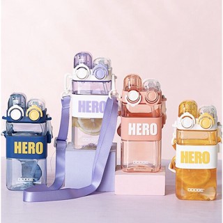 ฝา 2 หัว กระบอกน้ำเด็ก HERO แบบหลอดพร้อมสายสะพาย ทรงไอติม พร้อมหลอดดูด ซิลิโคนอย่างดี ขนาด 570 ml MUC-02