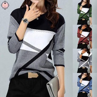 Women Autumn Color Contrast Positioning Print Round Neck Long Sleeve Casual Top