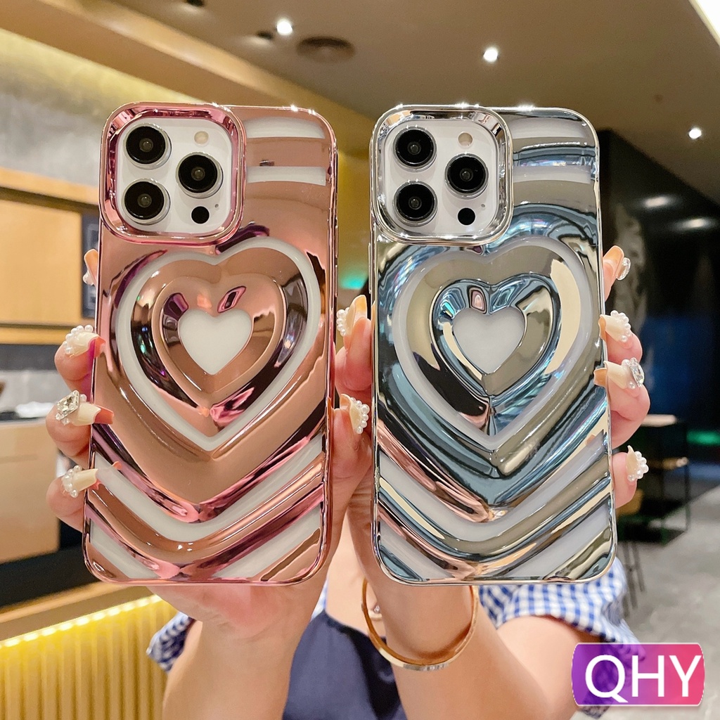 Qhy - เคสซิลิโคนนิ่ม แบบใส ขอบสีชุบไฟฟ้า รูปหัวใจ 3D หลากสี สําหรับ iphone 15 11 12 13 14 pro max