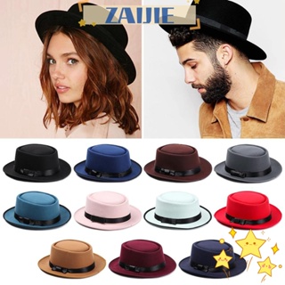 Zaijie24 Fedora หมวกปีกกว้าง ผ้าวูล สไตล์วินเทจ แฟชั่นฤดูใบไม้ร่วง ฤดูหนาว สําหรับเต้นรํา ปาร์ตี้คาวบอย