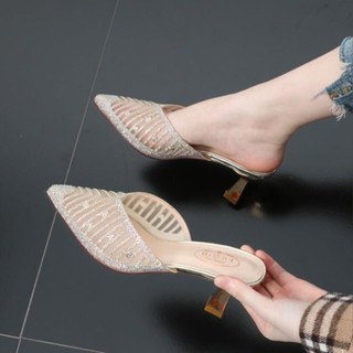 ♚Keshan Store [Fashion Summer] Shoes New Breathable High Heel Slippers Summer New All-match Fashion Thin Heel Baotou Half Slippers Womens Pointed Womens Slippers