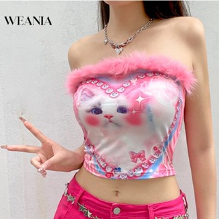 Weania เสื้อท็อป ผ้าฟลีซ พิมพ์ลายแมวน่ารัก สีชมพู สําหรับผู้หญิง