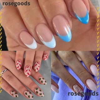 Rosegoods1 เล็บปลอม อัลมอนด์ยาว สีชมพู ขอบขาวดํา ถอดออกได้ สไตล์ฝรั่งเศส DIY