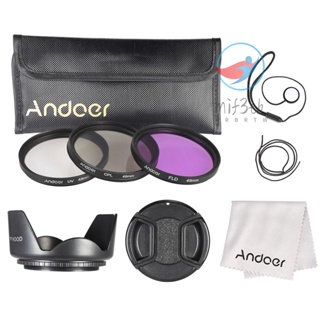 Andoer ชุดฟิลเตอร์ 49 มม. (UV + CPL + FLD) + กระเป๋าไนล่อน + ฝาปิดเลนส์ + ที่ใส่ฝาปิดเลนส์ + ฮู้ดเลนส์ + ผ้าทําความสะอาดเลนส์