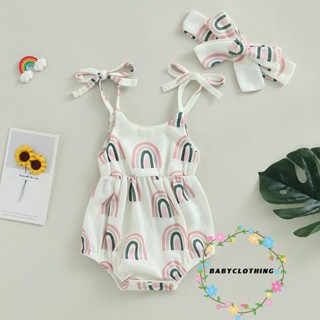 Babyclothes- เสื้อผ้าเด็กผู้หญิงน่ารัก พิมพ์ลายสายรุ้ง ฤดูร้อน รอมเปอร์ และที่คาดผม แบบยืด ชุดสองชิ้น