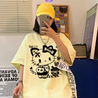 SANRIO Kawaii เสื้อยืดลําลอง แขนสั้น พิมพ์ลายกราฟิกการ์ตูน Hello Kitty น่ารัก ทรงหลวม โอเวอร์ไซซ์ สไตล์ฮิปฮอป สําหรับสตรี Y2k [RAIN]