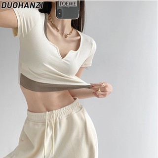 Duohanzi เสื้อยืดแขนสั้น คอวี โชว์สะดือ สีพื้น สองชิ้น สําหรับผู้หญิง