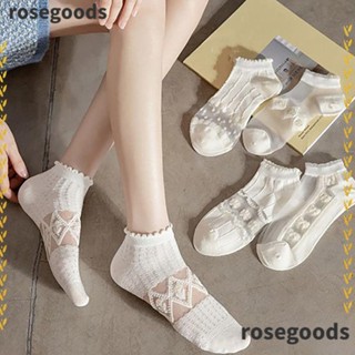 Rosegoods1 ถุงเท้าข้อสั้น พิมพ์ลายน่ารัก สีขาว แฟชั่นฤดูร้อน สําหรับผู้หญิง 5 คู่