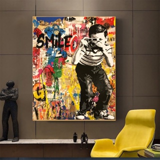 Follow Your Dream Smile Banksy Graffiti Street โปสเตอร์ภาพวาดผ้าไหม สําหรับตกแต่งผนังบ้าน