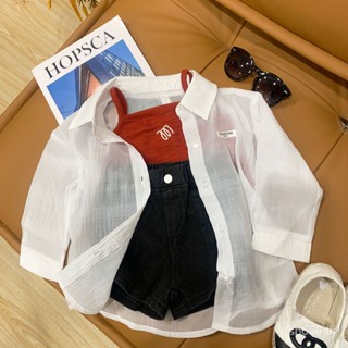 Japanese and Korean childrens clothing girls summer clothing set 2023 new fashionable sunscreen two-piece set female babys suspenders trendy E8WG