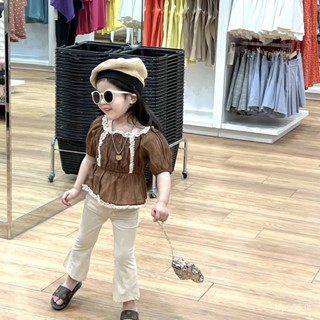 Korean childrens wear girls suit 2023 Summer new western style doll shirt childrens fashion trumpet pants two-piece suit trendy ACGU