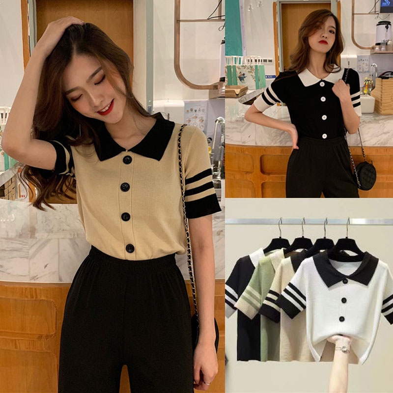 Grace_chili เสื้อไหมพรมคอปกแขนสั้น เสื้อไหมพรมแขนสั้น สไตล์ วิทยาลัยฝรั่งเศส สไตล์เกาหลี 1086