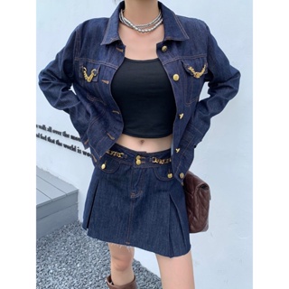 XEL0 CEL Beaute 2023 autumn and winter New Arc de Triomphe chain decorative dark blue denim coat tassel denim skirt suit for women