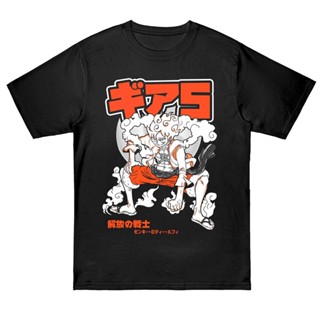 [S-5XL] ผ้าฝ้ายแท้คอลูกเรือ แขนสั้นโอเวอร์ไซส์เสื้อยืด พิมพ์ลายอนิเมะ One Piece Gear 5 V2 Sun god Nika Mongkey d Luffy ส