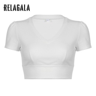 Relagala เสื้อยืดแขนสั้น คอวี สีพื้น แฟชั่นสําหรับผู้หญิง 2023