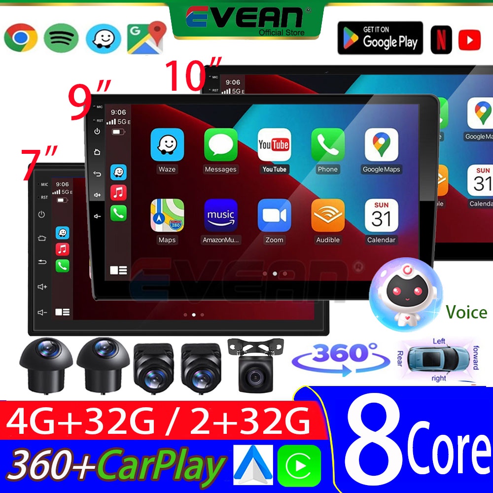 Evean [กล้อง 360 + 8 Core +Carplay] 4G + 32G 7 "9" 10 จอแอนดรอยด์ติดรถยนต์ พร้อม Toppal Voice Control จอแอนดรอยด์ติดรถยนต์ Waze / GPS WIFI วิทยุรถบลูทู ธ + กล้องติดรถยนต์