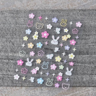 สติกเกอร์ติดเล็บ ลายดอกทิวลิป 5D สีรุ้ง กระต่ายน้อยน่ารัก ดอกไม้ ดาว แสงดาว แบบนูน