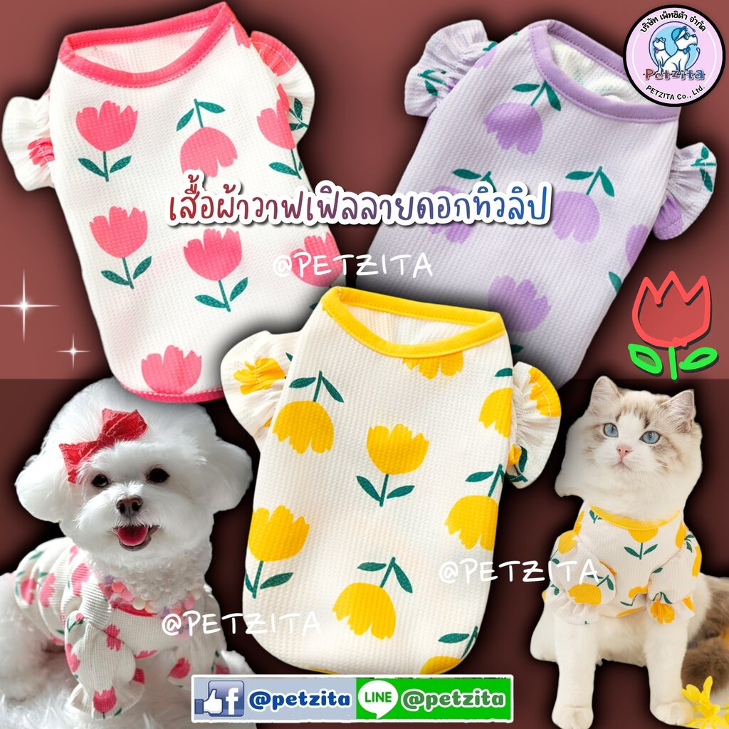 พร้อมส่ง เสื้อลายดอกทิวลิป ผ้าวาฟเฟิล ใส่สบาย งานแบรนด์ for สุนัข หมา แมว