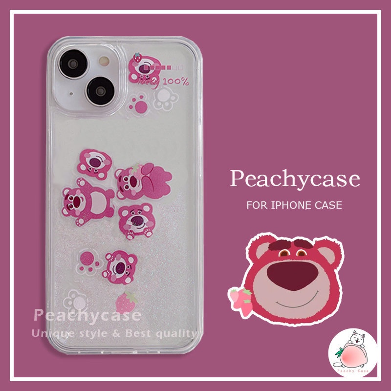 เคสโทรศัพท์มือถืออะคริลิค PC แข็ง กันกระแทก ลายการ์ตูนหมี สตรอเบอร์รี่ มีทรายไหล สําหรับ iPhone 15 14 13 12 Pro Max 11 Xr 6 8 7 Plus XsMax X