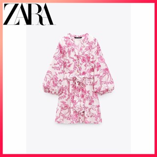 Zara ชุดเดรส พิมพ์ลาย พร้อมเข็มขัด แฟชั่นฤดูร้อน สําหรับผู้หญิง