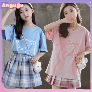 Angugu Girls Jk Set ฤดูร้อน ใหม่ เสื้อผ้าเด็ก 2 ชิ้น (เสื้อยืด + กระโปรงสั้น) เด็กผู้หญิง ลายสก๊อต กระโปรงแฟชั่น เด็ก 3-13 ปี กระโหลก กระโปรงจีบ terno สําหรับเด็กผู้หญิง