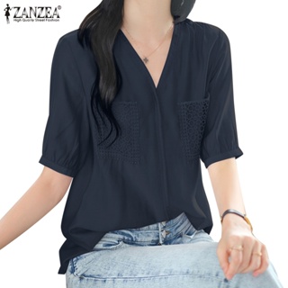 Zanzea เสื้อเบลาส์ลําลอง คอวี แขนห้าส่วน สีพื้น สไตล์เกาหลี สําหรับผู้หญิง