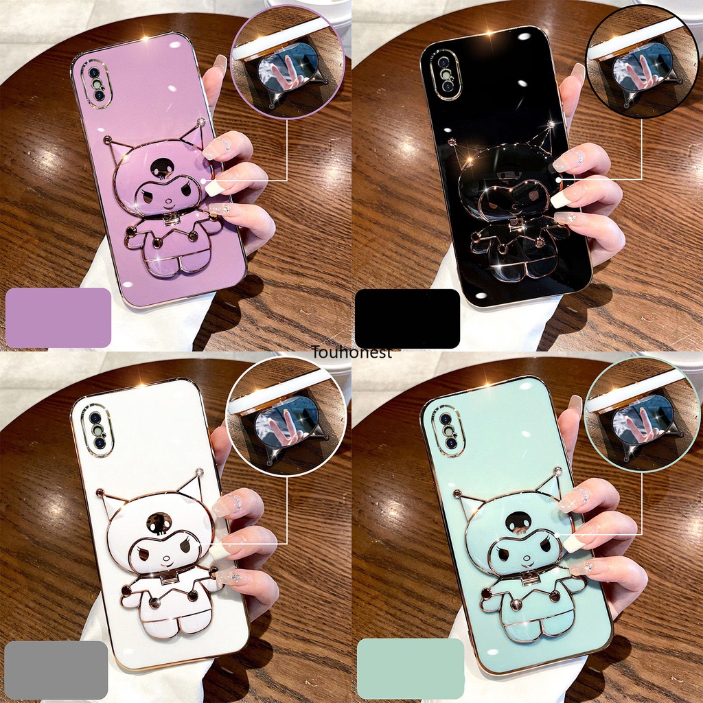 For Apple เคสไอโฟน iPhone XS Max เคส iPhone 11 Pro Max เคส iPhone 6 Plus 6S Plus Case iPhone 7 Plus 8 Plus Case iPhone SE Case iPhone XR Case Cool Anime Melody Cute Cartoon Vanity Mirror Kuromi Stand Holder With Metal Sheet Phone Case TL โทรศัพท์มือถือ