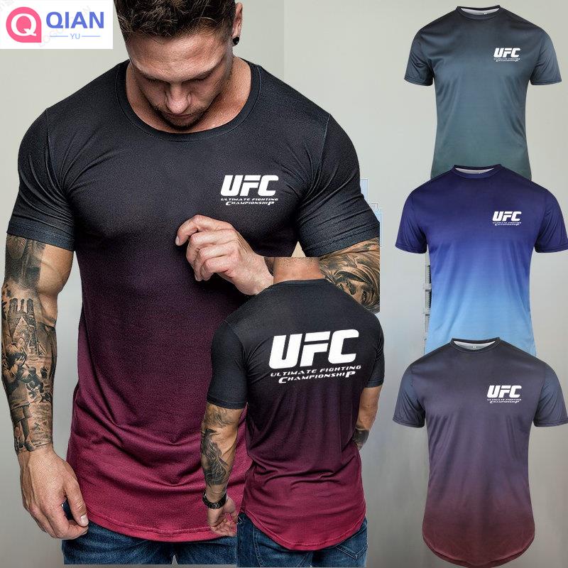 QIANYU UFC ผู้ชาย Gradient 3D Breathable เสื้อยืดแขนสั้น O คอฟิตเนสกีฬากล้ามเนื้อกีฬา Lengan Pendek
