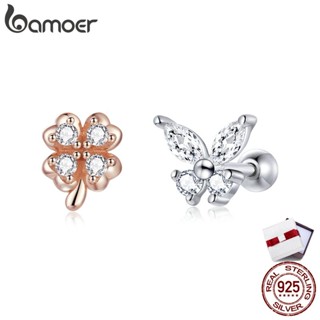 bamoer Silver Lucky Grass Butterfly Earrings 925 Sterling Silver Four-Leaf Clover Earring Gift For Women Fine Jewelry SCE1008