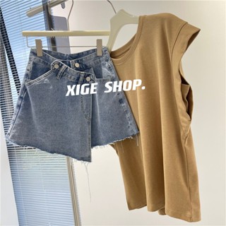 Hong Kong style casual suit girls 2023 summer new sexy hot girls curry vest denim skirt trousers two sets