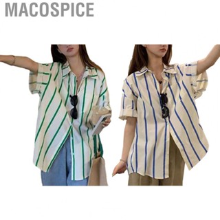 Macospice Button Down Blouse  Short Sleeve Women Striped Shirt Breathable Fashionable Turn Down Collar  for Shopping