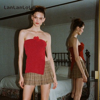 Lanlanlolo เสื้อท็อปลําลอง เข้ารูป ปักลายดอกไม้ เซ็กซี่ สีพื้น สําหรับสตรี 2023