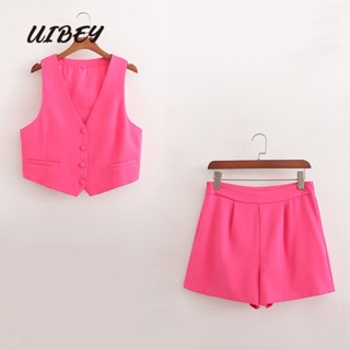 Uibey ขายส่ง เสื้อกั๊ก คอวี กระดุมแถวเดียว + กางเกงขาสั้น เอวสูง สันทนาการ 3228