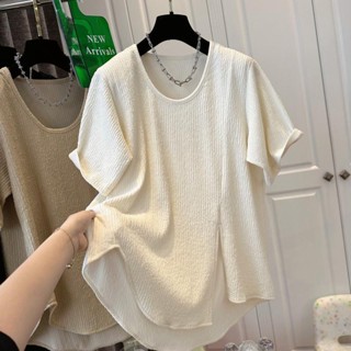 Extra large size 300 jin texture round collar T-shirt short-sleeved hem split T-shirt womens popular European niche blouse trend