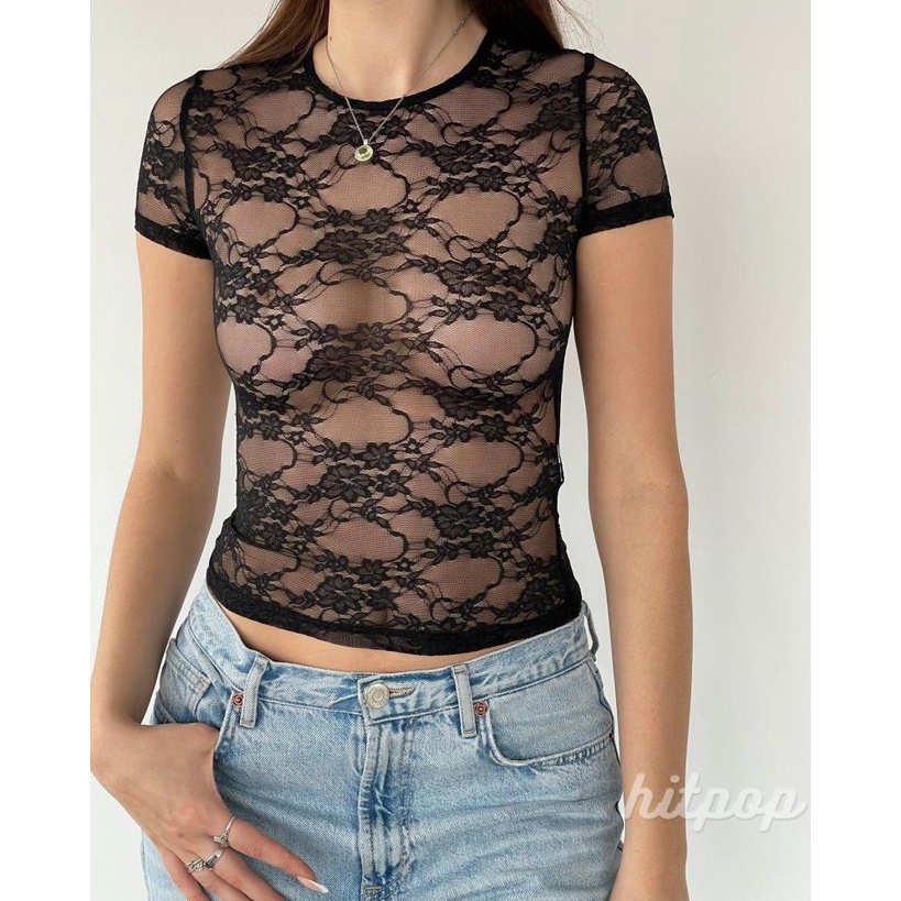 Hitpop-เสื้อครอปสตรีฤดูร้อนบางแขนสั้นสีดําoคอเชียร์ลูกไม้ลายดอกไม้เสื้อยืด