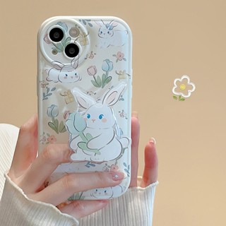 เคสโทรศัพท์มือถือ TPU กันกระแทก ลายการ์ตูนกระต่าย ดอกทิวลิป พร้อมขาตั้ง สําหรับ IPhone 11 14 Pro Max 13 IP 12 Promax XS XR 7 8 Plus SE