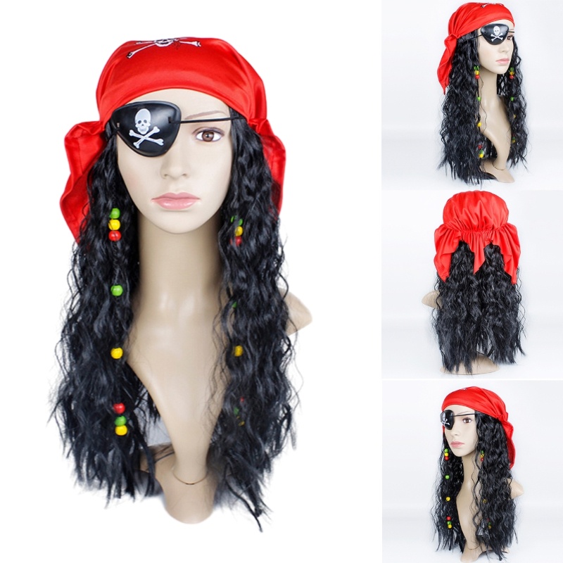 KIIK Pirate Wig Pirate Outfit อุปกรณ์เครื่องแต่งกาย Black Curly Pirate Wig with Eye-Patch Scarf Set 